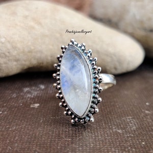 Sterling Silver Rainbow Moonstone Ring: Long Marquise Gemstone