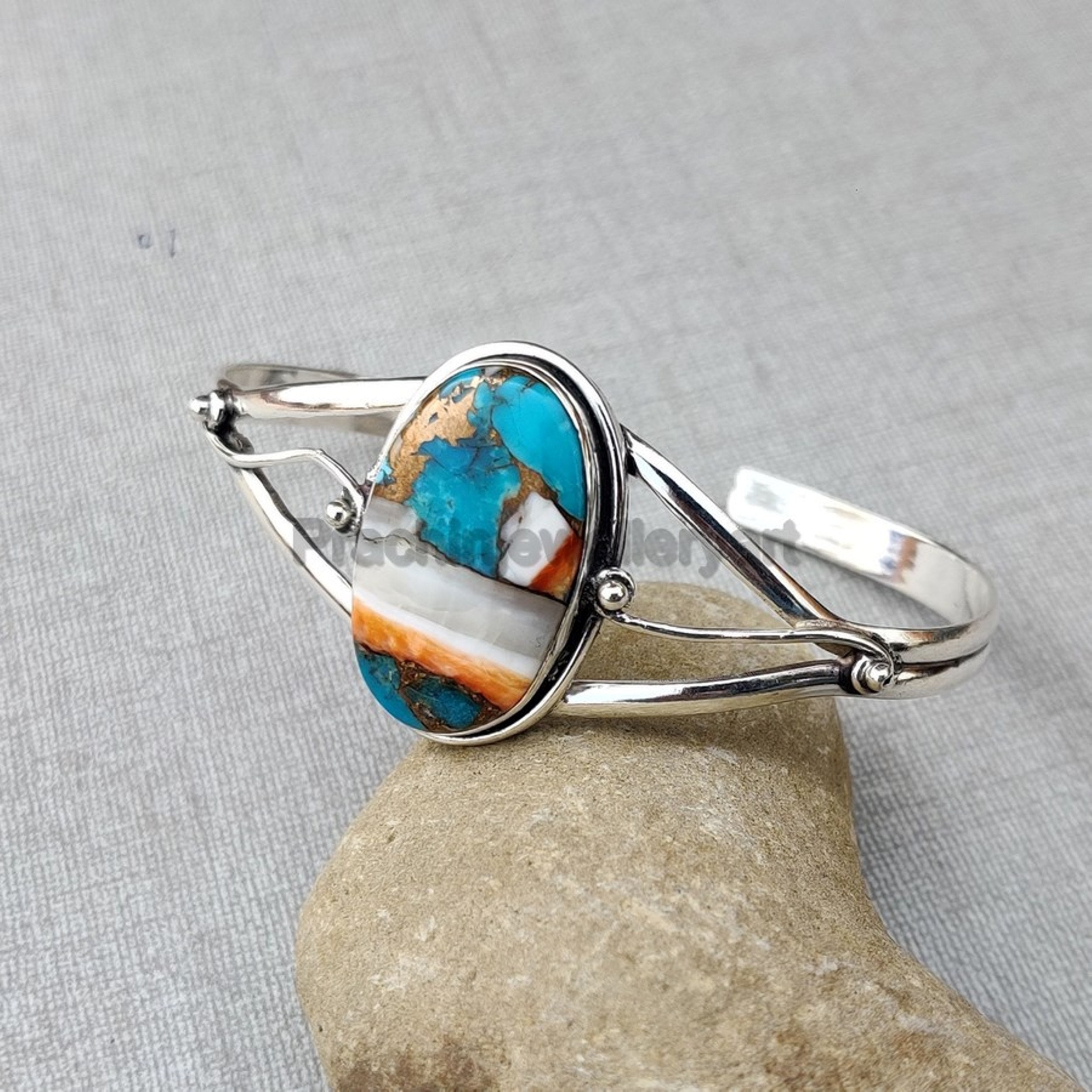Oyster Copper Turquoise Bangle: 925 Sterling Silver Gemstone Bracelet