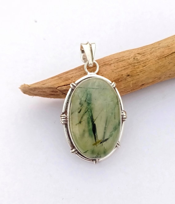 Oval Prehnite Pendant: Natural Green Gemstone, Sterling Silver Necklace