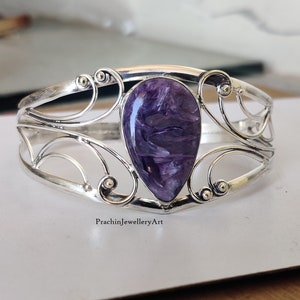 Purple Charoite Bangle, 925 Silver Bangle, Cuff Bangle, Adjustable Bangle, Russian Style Bangle, Women Bangle, Teardrop Gemstone Bangle