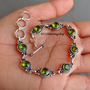 Pulsera de peridoto hecha a mano: plata de ley 925, piedra preciosa redonda