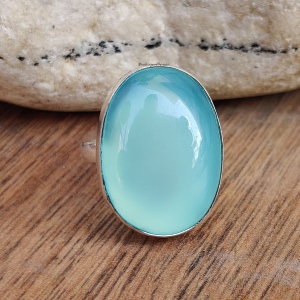 Bague calcédoine turquoise, bague en argent sterling 925, alliance avec grosses pierres, anneau large, bague de fiançailles, cadeau pour elle, bijoux d'Halloween