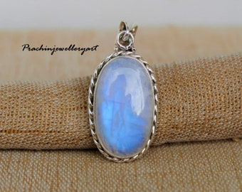 Colgante de plata de ley con piedra lunar arcoíris: collar ovalado bohemio