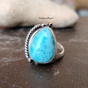Handmade Larimar Statement Ring: 925 Sterling Silver Boho Ring