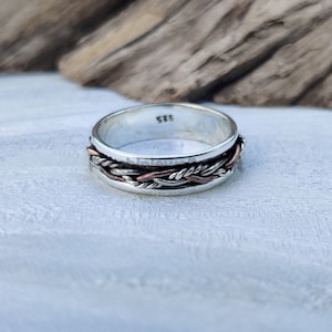 Braided Sterling Silver Spinner Ring: Handmade Oxidized Anxiety Ring