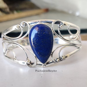 Handgefertigter Lapis Lazuli Armreif: Edelsteinschmuck aus 925er Sterlingsilber