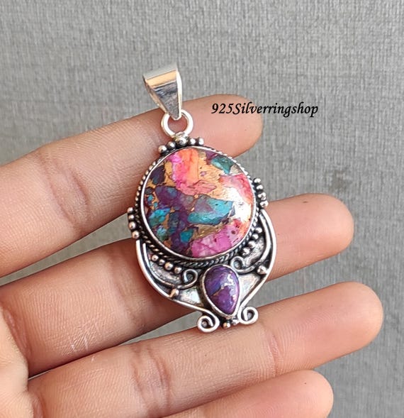 Ciondolo Artigianale In Argento 925 Con Turchese Rame Rosa – Fatto A Mano In India