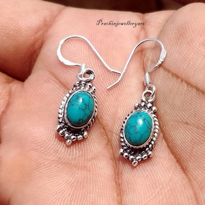 Boho Turquoise Earring, 925 Sterling Silver Teardrop Blue Copper Turquoise Dangle Earring, Turquoise Jewelry, Hot Selling Valentine Gift