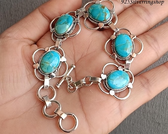 Handmade Kingman Turquoise Bracelet, 925 Sterling Silver, Wedding Jewelry