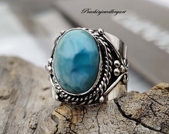Handmade Larimar Ring: 925 Sterling Silver Boho Gemstone Ring