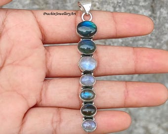 Colgante de piedra lunar de labradorita hecho a mano: piedra preciosa de plata de ley