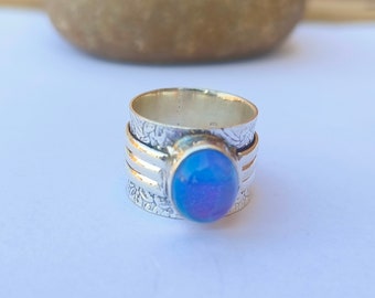 Aurora Opal Ring, Aurora Opal Band Ring, 925 Sterling Silver Ring, Promise Ring, Handmade Cabochon Oval Gemstone Designer Ring Gift For Her