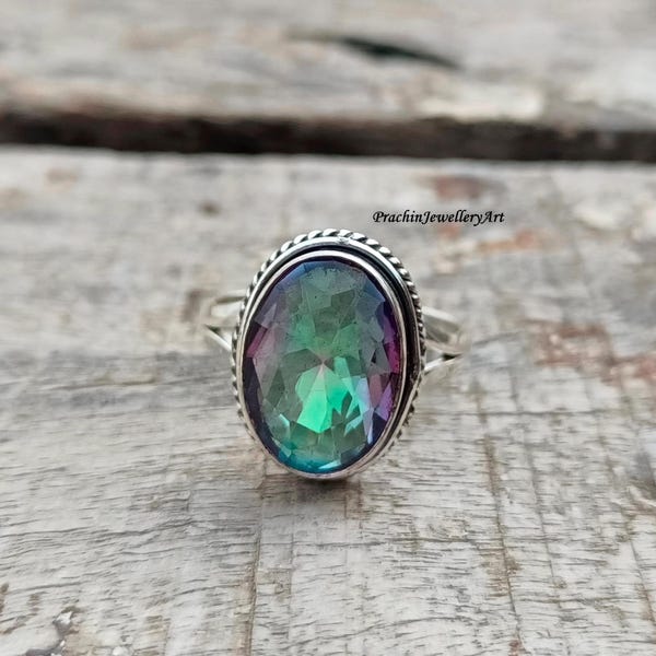 Handmade Mystic Topaz Ring: 925 Sterling Silver Boho Band