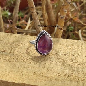 Handmade Teardrop Amethyst Ring: 925 Sterling Silver Boho Band