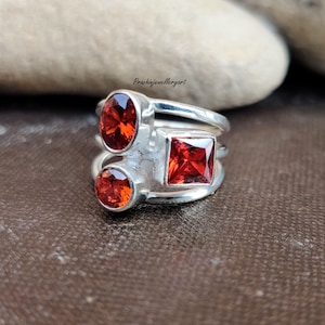 Handmade Three Garnet Stone Ring: Sterling Silver Dainty Ring