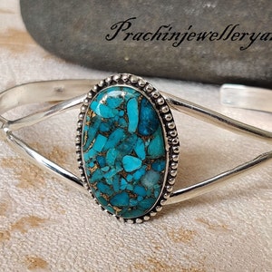 Blue Copper Turquoise 925 Silver Bangle - Handmade Adjustable Boho Bangle