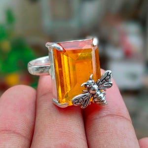Citrine Gemstone Ring: Sterling Silver Bee, Handmade Boho Jewelry