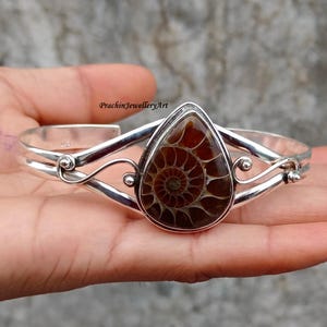Ammonite Sterling Silver Bangle: Handmade Oval Gemstone Jewelry