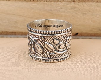 Flower Ring, 925 Sterling Silver Flowers Band Ring, Handmade Ring Silver, Wide Band Ring, Thumb Ring, Gift For Her, Popular Boho Ring Gift