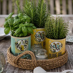 Può includere: Tre barattoli di metallo con l'etichetta Olive Oil, decorati con illustrazioni di uccelli e olive, fungono da vasi per basilico, rosmarino e timo freschi. I barattoli sono disposti su un vassoio rotondo in corda intrecciata con due manici.