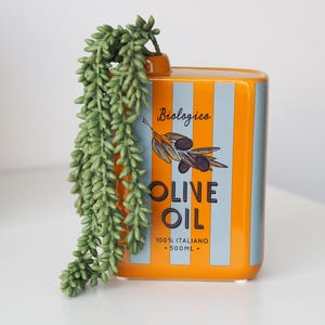 Op de afbeelding: Oranje en blauw gestreepte olijfoliecontainer met de tekst "Biologico Olive Oil 100% Italiano 500mL." Een groene plant hangt van bovenaf. De rechthoekige container bevat 500 ml olijfolie.