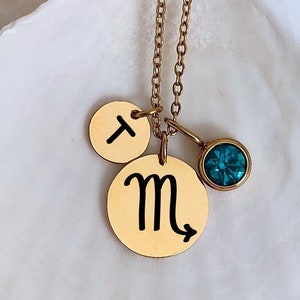 Collar de Escorpio, collar con piedra natal y letra, joyería de constelación, colgante con el signo del zodíaco Escorpio, disco de constelación, dije de oro de astrología