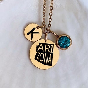 Collar con el nombre del estado de Arizona, dije con letra inicial, dije con piedra natal, colgante con mapa de dos discos, joyería personalizada con mapa del país, regalo de cumpleaños y patria
