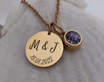 Wedding Date Necklace with Birthstone, Couple initials Penant, Marriage Day Gift, Wife Gift from Husband, Birth Stone Big Day Charm