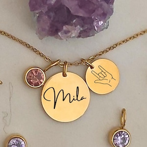 Colar com sinal ASL Eu te amo, pingente com nome e pedra de nascimento, pingente com gestos de mão com pedra de nascimento, pingente de linguagem de sinais, joias ASL
