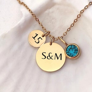 Regalo del 15.° aniversario para esposa, collar con inicial de pareja con piedra de nacimiento, colgante de letra de dos discos con piedra de nacimiento, 15.° aniversario de bodas