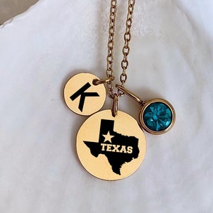 Collar con el estado de Texas, dije con la letra inicial del nombre, dije con piedra de nacimiento, colgante con mapa de dos discos, joyería personalizada con mapa del país, regalo de cumpleaños para la patria