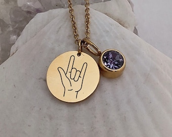 I Love You ASL Sign Necklace With Birthstone, Birth Stone Hand Gestures Pendant, Sign Language Charm, ASL Jewelry