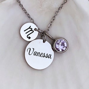 Collar con nombre del zodíaco de plata, colgante con piedra de nacimiento del signo del zodíaco, joyería de constelación personalizada, dije de disco del horóscopo, regalo de cumpleaños para hija
