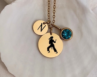 Judo Symbol Letter Two Disc necklace With Birthstone, Japanese Martial Arts Style Birth stone Pendant, Sport Icon Initial Charm