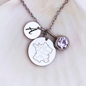 Collier en argent carte de France, breloque lettre pierre de naissance, pendentif deux disques, bijoux de pays personnalisés, collier d'état initial, cadeau pour les Français