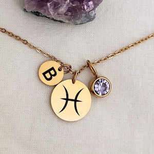 Collar de Piscis, colgante con el signo lunar del zodíaco, dije con piedra de nacimiento, joyería de constelación, disco del horóscopo, regalo de cumpleaños para hija