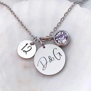 Collar del 12.º aniversario, collar con inicial de pareja con piedra de nacimiento, regalo de 12.º aniversario de bodas para esposa, joyería de aniversario personalizada