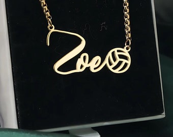 18k Gold Volleyball Necklace Name Custom Nameplate Volley Ball Player Gift Personalized Name Jewelry Sport Volleyball School Team Girl