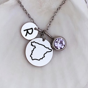 Spanien Karte Halskette Buchstabe Geburtsstein Anhänger, Disc Geburtsstein Charme, Benutzerdefinierte Land Schmuck, Geschenk für Spanisch, Spanien geboren Geschenk