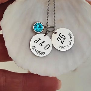 Collar de boda para el 25.º aniversario, con fecha de boda y piedra de nacimiento, colgante con iniciales de pareja, regalo para el día del matrimonio, joyería para el 25.º aniversario.