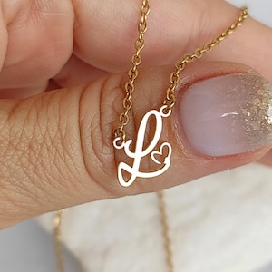 Collar con letra inicial L diminuta, colgante con dije de corazón pequeño de oro de 18 quilates, joyería personalizada con alfabeto