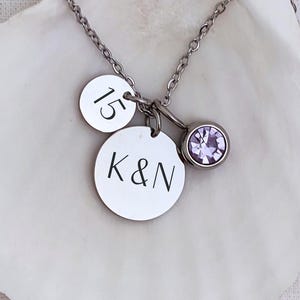Collar de 15.º aniversario con inicial de pareja, colgante con piedra de nacimiento, regalo de 15.º aniversario para esposa, 15.º aniversario de bodas.
