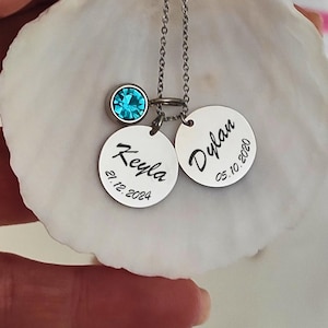 Name and Birthdate Necklace, Custom Birthstone Pendant, Children Names Birthdates, Mother's Necklace, Family, Necklace, Birthstone Jewelry