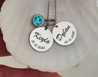 Name and Birthdate Necklace, Custom Birthstone Pendant, Children Names Birthdates, Mother&#39;s Necklace, Family, Necklace, Birthstone Jewelry