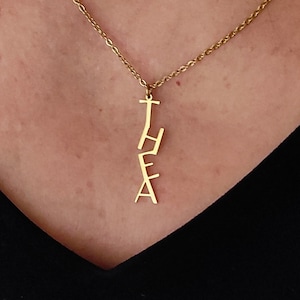 Vertical Name Necklace, Personalized Dangle Nameplate, Drop Title Pendant, Custom Name Jewelry, Capital Letter Name Charm