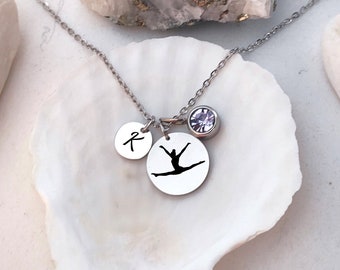 Personalized Gymnastics Initial Birthstone Necklace, Two Disc Birth Stone Letter Pendant, Gymnast Gift, Custom Gymnastic Coach Gift