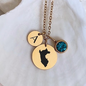 Collar con mapa de Perú, colgante con letra inicial, dije con piedra de nacimiento en forma de disco, colgante con letra con piedra de nacimiento en forma de disco múltiple, joyería personalizada de Perú