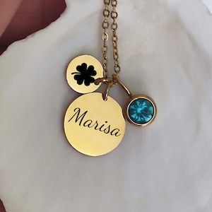 Colar com pingente de disco com nome de trevo de quatro folhas e pedra de nascimento, pingente de pedra de nascimento com pingente de trevo da sorte personalizado, presente de sorte para filha
