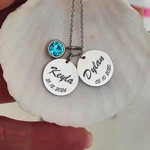 Name and Birthdate Necklace, Custom Birthstone Pendant, Grandkids Names Birthdates, Grandma Necklace, Family Necklace, Birthstone Jewelry