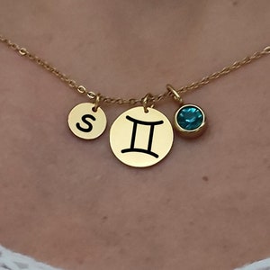 Collar de oro con Géminis, collar con piedra natal y letra, joyería de constelación, colgante del zodíaco Géminis, disco de constelación, dije de signo astrológico